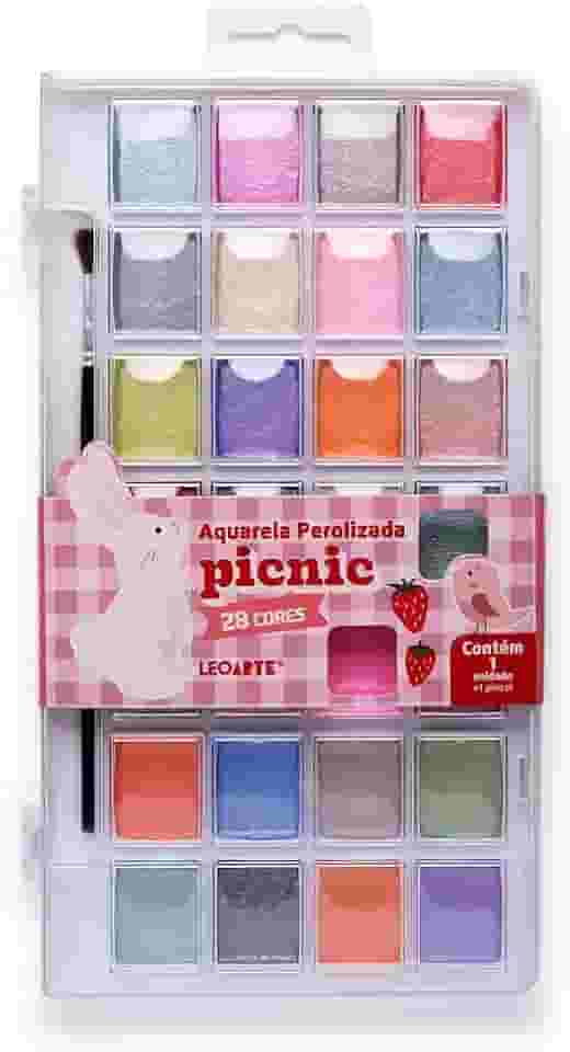 Aquarela Perolizada Picnic - 28 Cores - Estojo + Pincel Leoarte