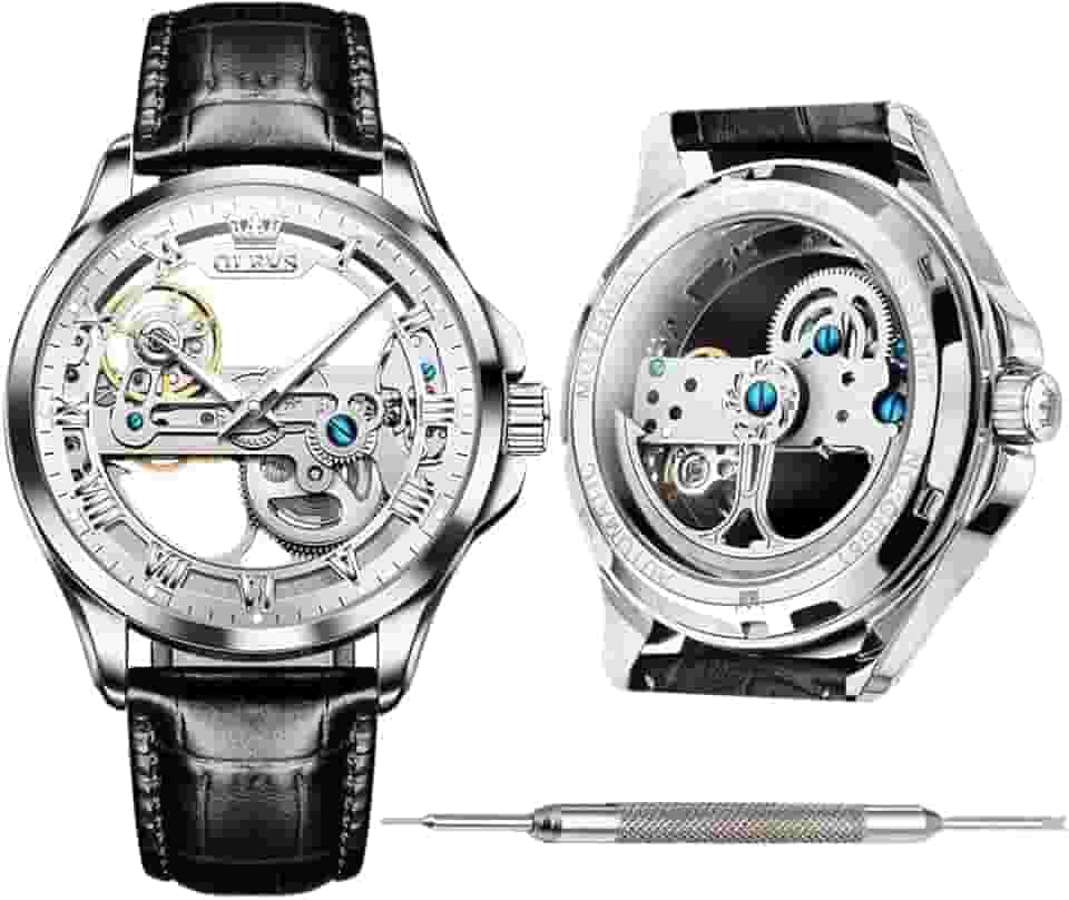 OLEVS Relógios automáticos de couro para homens jovens, relógios de corda automática, para homens