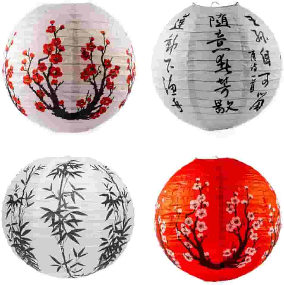 Kit 4 Luminárias Japonesa Chinesa Oriental Lanterna Estampadas Papel - 30 cm