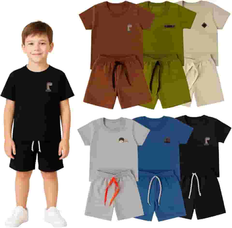 Kit 6 Peças Conjunto Infantil Menino Camiseta e Bermuda Lisas, Roupas de Verão Leves e Fresquinhas, Moda Infantil Masculina para Escola, Passeio e Dia a Dia