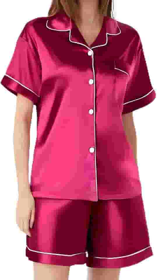 Conjunto de pijama feminino de cetim, manga curta, abotoado, blusa e shorts, conjunto de 2 peças para mulheres