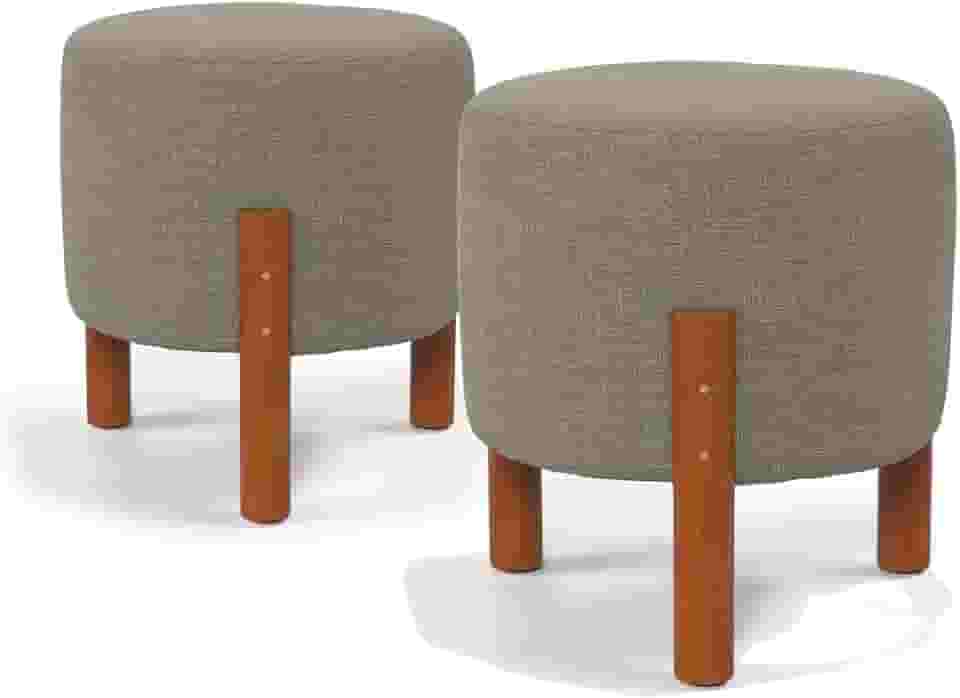 Kit 2 Puff Redondo Luxo Decorativo Charme com Pés de madeira Linho Cinza - PC MÓVEIS