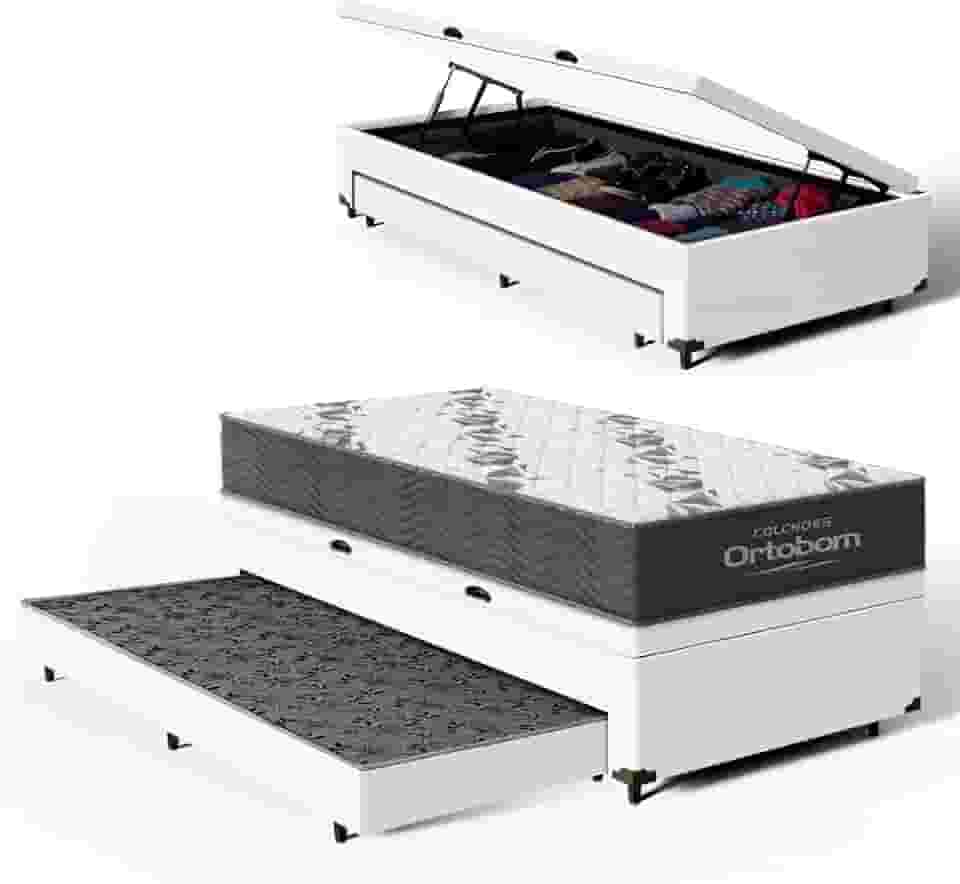 Bicama Box Baú Solteiro com Colchão de Espuma D33 Ortobom Airtech 100 + Auxiliar Unique 88cm (Branco)
