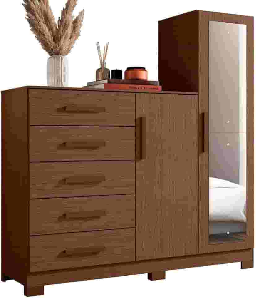 Cômoda 5 Gavetas 2 Portas com Pés e Espelho New Master Albatroz