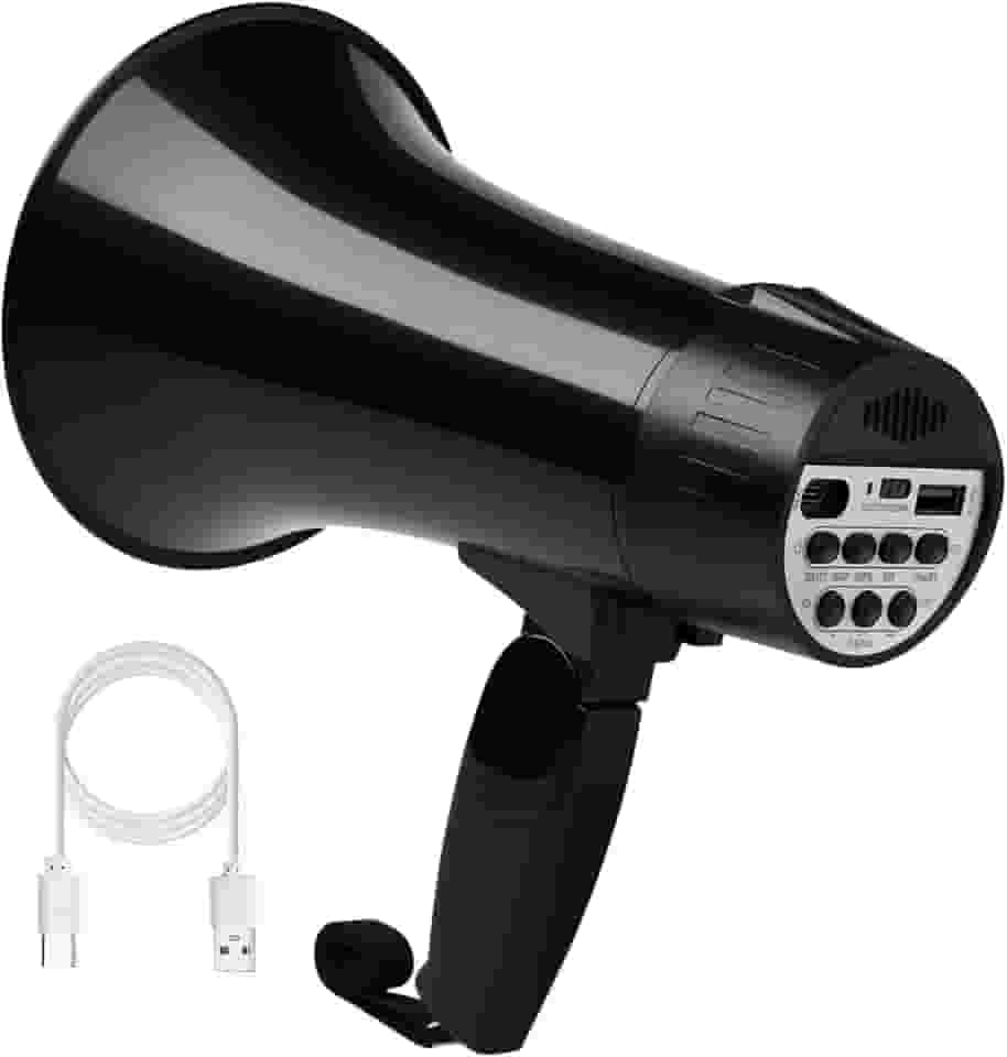 Megafone Bullhorn recarregável de 20 watts com sirene e gravação 240s, entrada BT e USB, alto-falante megahone com visor de energia e alça portátil (preto)