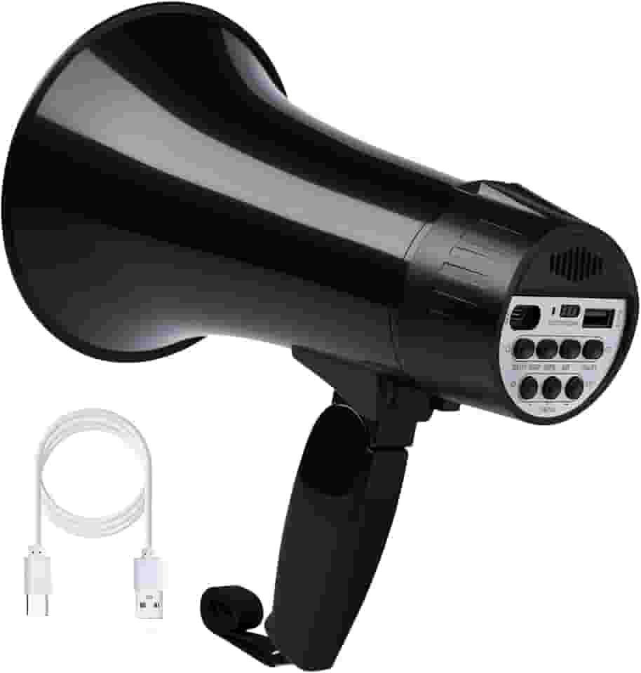 Megafone Bullhorn recarregável de 20 watts com sirene e gravação 240s, entrada BT e USB, alto-falante megahone com visor de energia e alça portátil (preto)