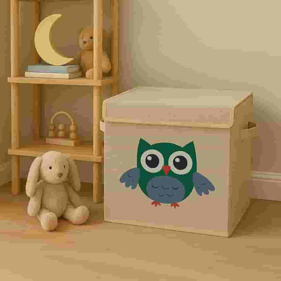 Caixa Organizadora Infantil Brinquedos Linho Tampa Baú Animal Box Oky's (CORUJA)