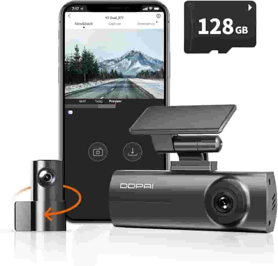 DDPAI N1 Dual Câmera Veicular Frontal Traseira 1296P+1080P, Dachcam com WiFi, Câmera para Carro com Visão Noturna, Aplicativo, Supercapacitor, Gravação em Loops, Estacionamento 24H (N1+128G Cartão SD)