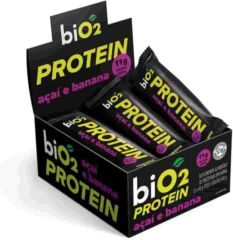 Barra de Proteína biO2 Protein Açaí, Banana e Pasta de Amendoim, Caixa com 12 unidades de 45 g, Vegana e sem Glúten