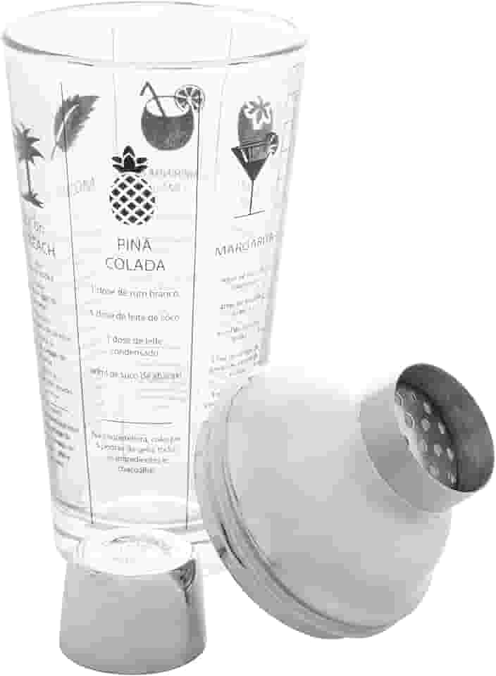 LYOR - Coqueteleira de Vidro 420ml Coimbra com Tampa de Aço Inox, Réguas de Medições e Receitas Inclusas para Margarita, Blood Mary, Piña Colada e outras.