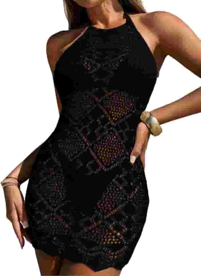 Saída de praia com estampa de diamante, vazada, boho, crochê, minivestido feminino