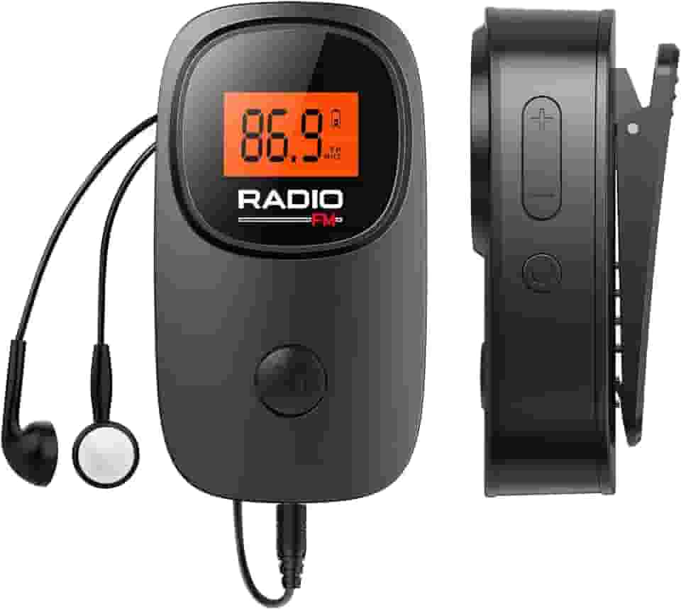 Mini rádio FM portátil de bolso com clipe – com excelente recepção, visor LCD transparente, estação predefinida, rádio digital operado por bateria AAA para caminhada, corrida e reunião