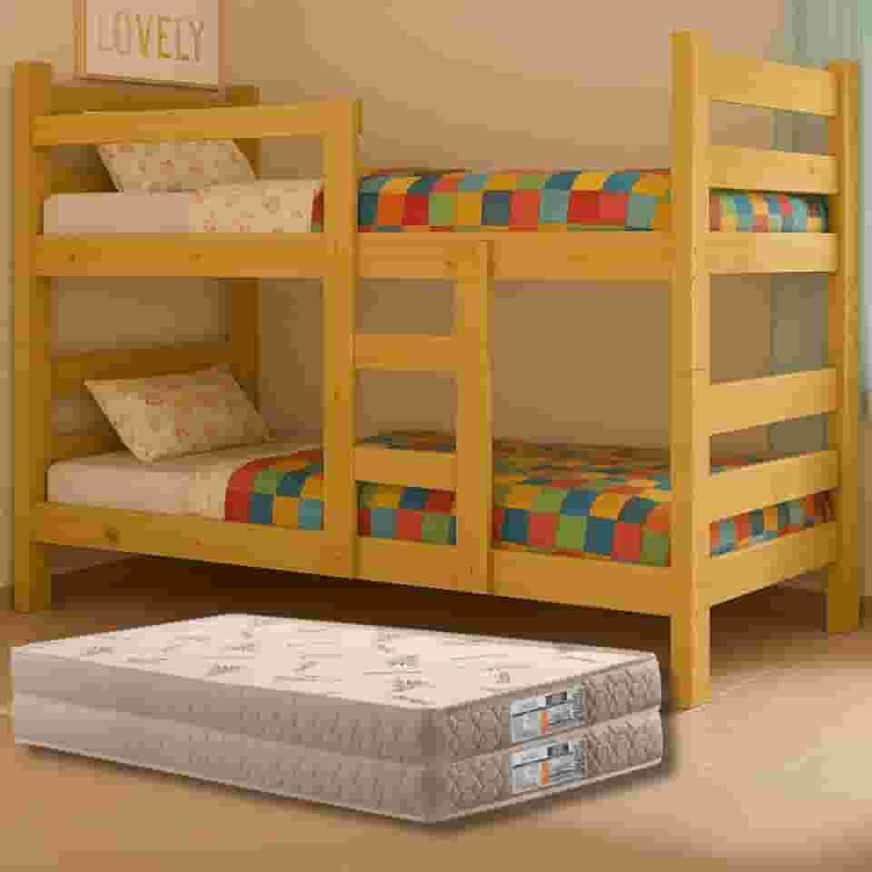 Beliche Madeira Maciça, Duas Camas Solteiro, Completa com Colchões D20 Premium, Segurança e Reforço Extra, até 120kg