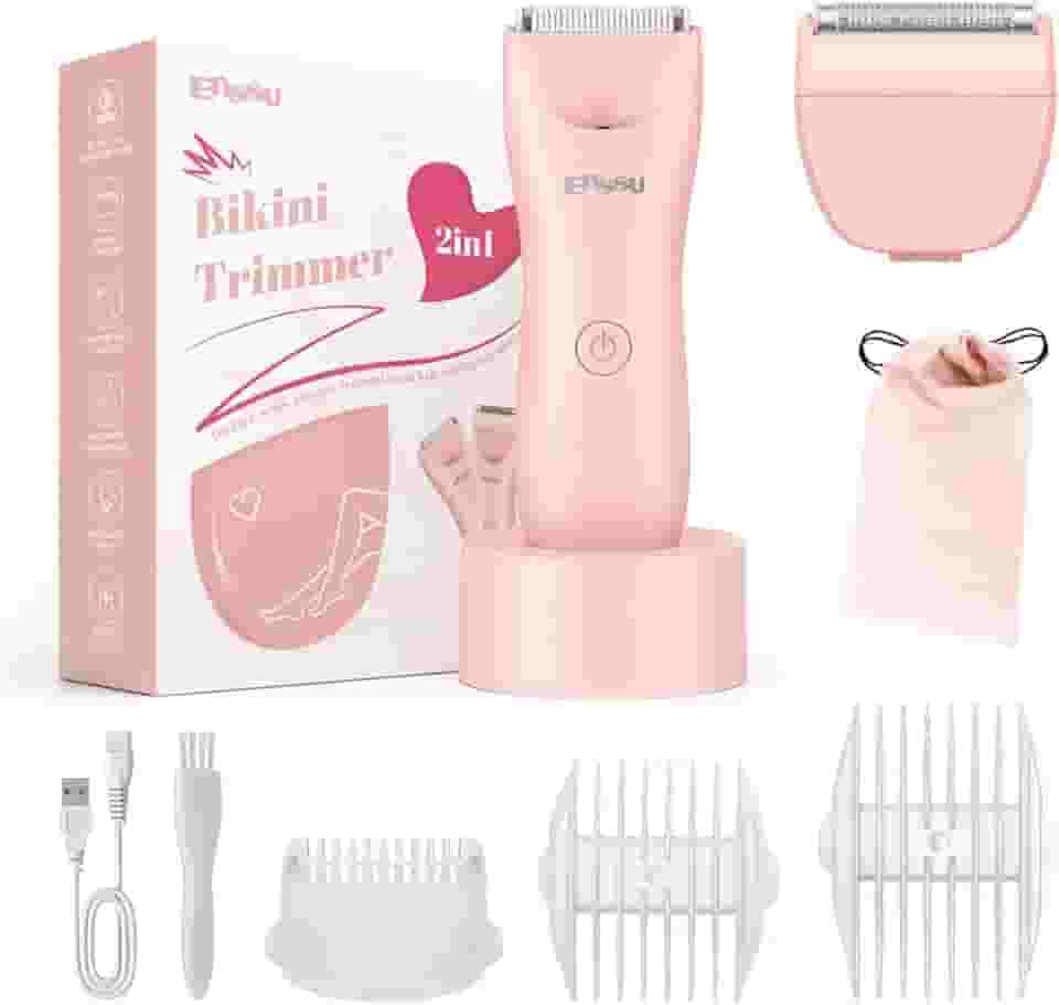 ENSSU Aparador de biquíni para mulheres - Aparador de pelos pubianos 2 em 1 IPX7 à prova d'água, lâminas para mulheres com luz LED e carregamento USB, barbeador elétrico indolor com lâmina de cerâmica para biquíni, pernas, braços e axilas