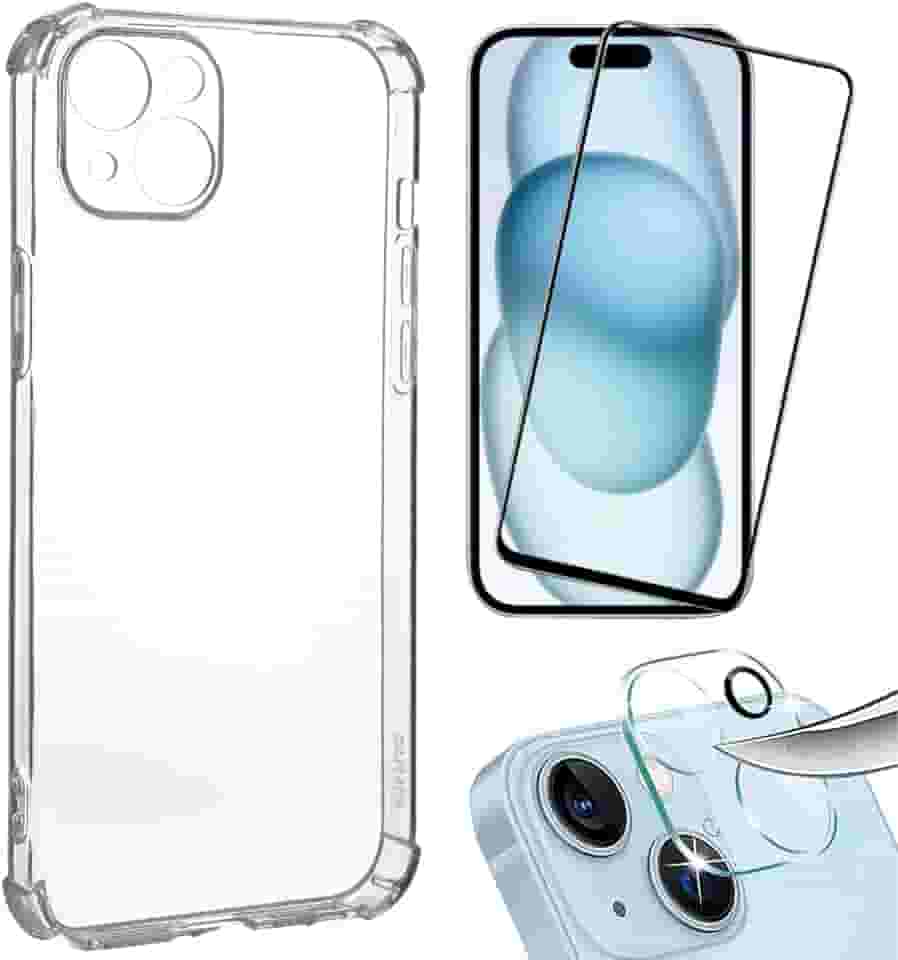 Kit Capinha Capa Compatível com iPhone 13 14 15 16 16e + Película 3D Vidro Temperado + Película de Câmera (iPhone 15)