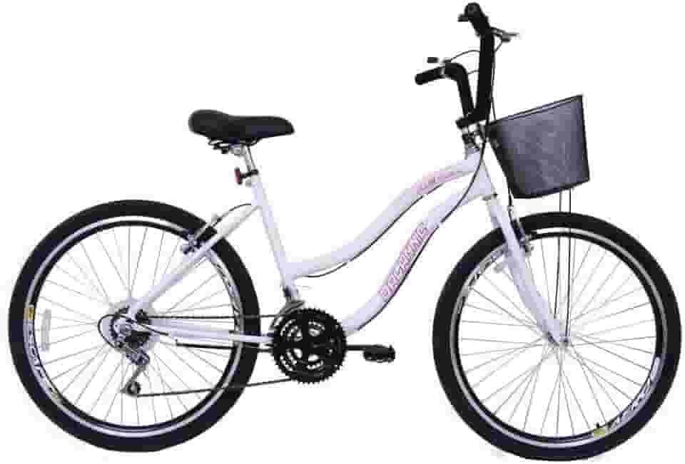 Bicicleta Feminina 26 Beach Branca de 18 Velocidades com Aros duplos, Pneus Slik e Cesta - Dalannio Bike