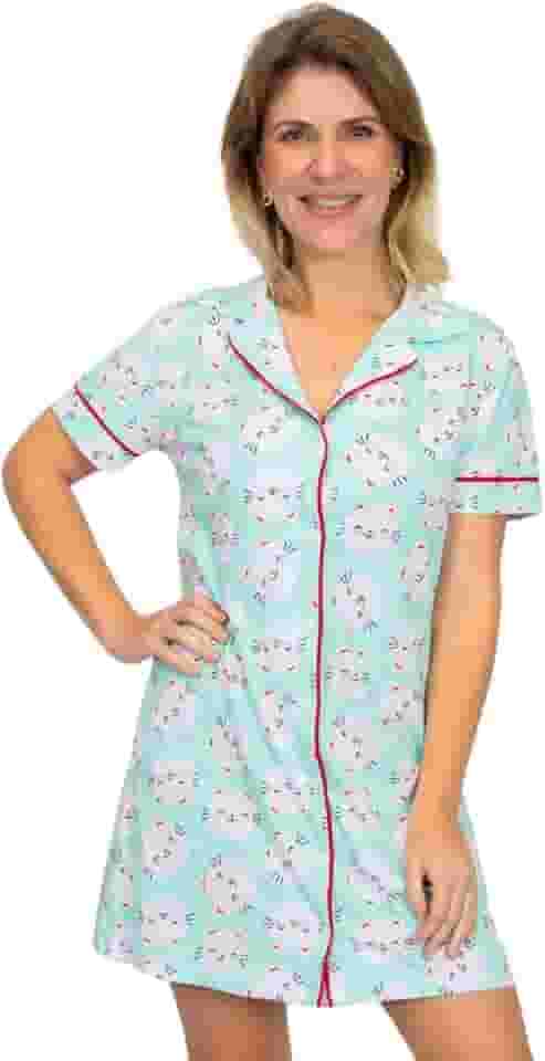 Camisola Algodão Feminina Americana Manga Curta com Botões Adulto indicado Gestante Amamentação e Pós cirúgico – Gatinhos Verde