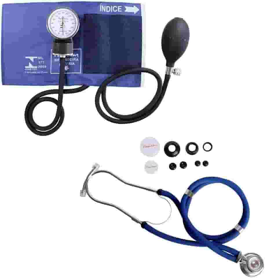 Aparelho Medidor de Pressão Esfigmomanômetro com Braçadeira + Estetoscópio Rappaport Premium - Azul Marinho