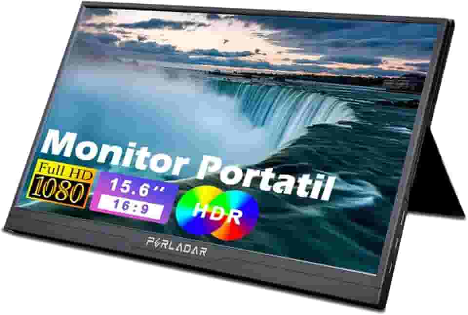 Monitor Portátil 15.6'' FHD 1080P IPS, Plug & Play via USB-C/HDMI, Antirreflexo e Proteção para Olhos, Compatível com Notebook, PC, Celular e Consoles de Jogos (suporte flip-back)