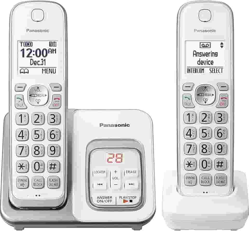 Sistema de telefone sem fio expansível Panasonic, Identificador de chamada + secretária eletrônica, Branco, 2 Handsets
