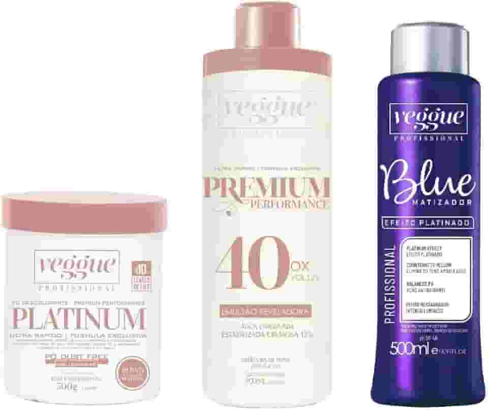 Kit Pó descolorante Azul Premium, Água Oxigenada 40 Volumes e Matizador Blue Platinado, Veggue Profissional