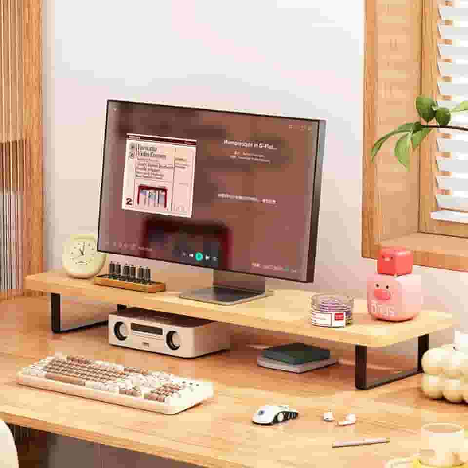 Suporte de Monitor Madeira, Base Monitor para Mesa Gamer com Organização de Escritório, Fácil Instalação, 40 * 20 cm, Cor natural da madeira