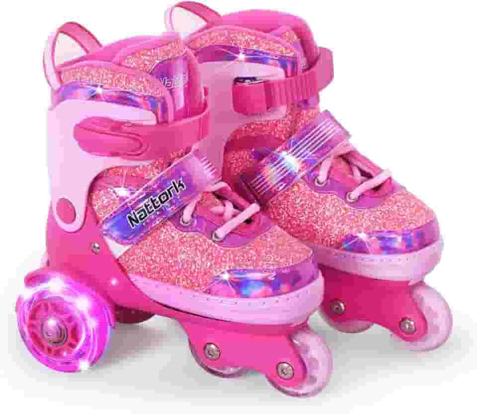 Nattork Patins infantis, 4 tamanhos ajustáveis, patins de três rodas para meninas de 3 a 7 anos com rodas divertidas e proteção de segurança - presente de aniversário para esportes internos e externos