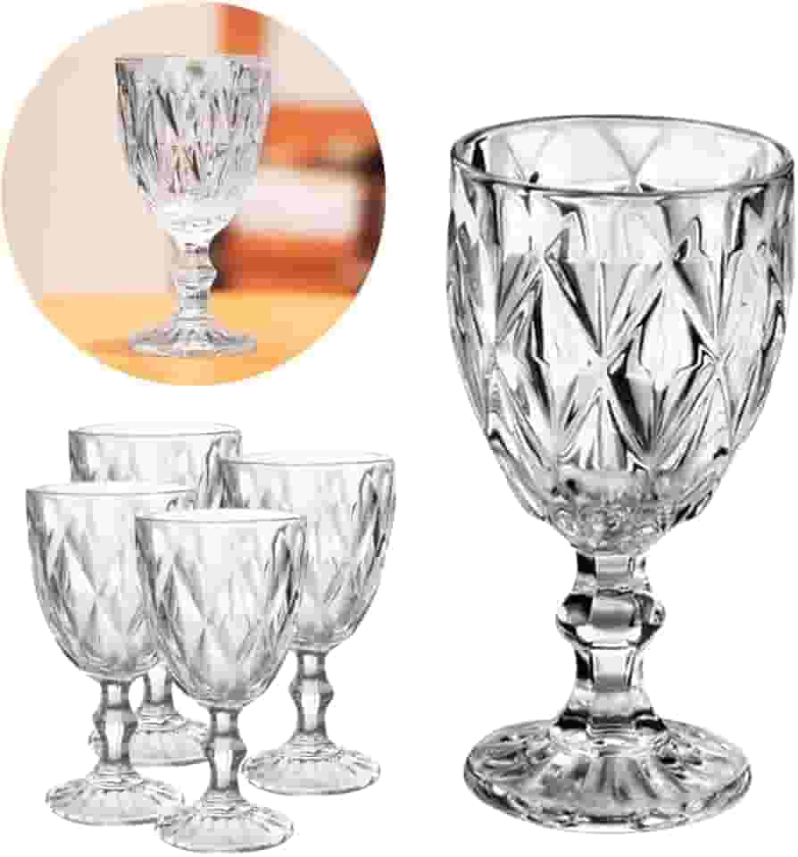 Jogo 4 Taças Vidro Grosso Resistente Diamond 340ml – Luxuosas, Para Vinho, Água, Sucos, Drinks e Presentes de Enxoval ou Casamento