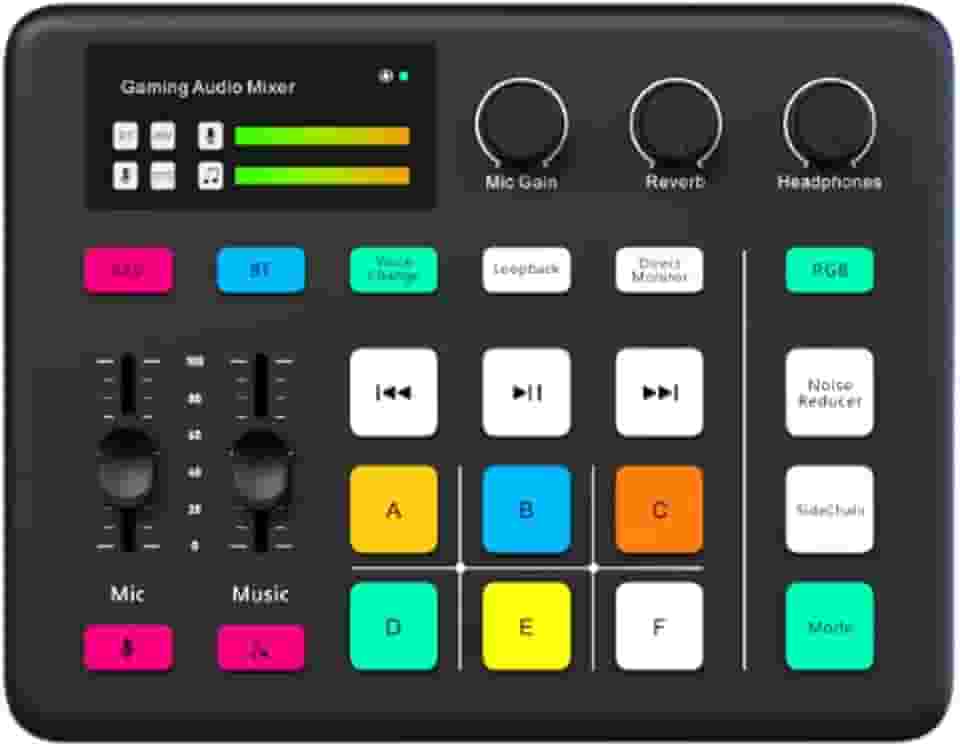 MERIGLARE Mesa de som para jogos, modificador de voz, leve, resistente, efeitos RGB, alimentação de 48 V para transmissão ao vivo de jogos e podcasts