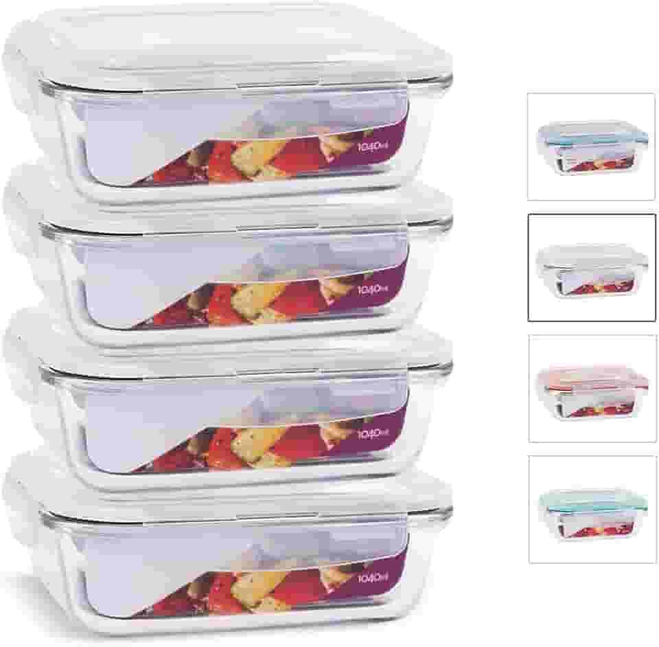 KIT 4 Potes de Vidro Retangular com Tampa Hermética 1040ml Cor:Branco (QH)