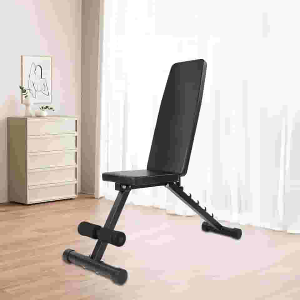 Banco de Musculação Ajustável e Dobrável - Suporta até 120kg, Encosto com 5 Posições, Estrutura Triangular Reforçada, Assento Largo e Apoio de Pés Regulável