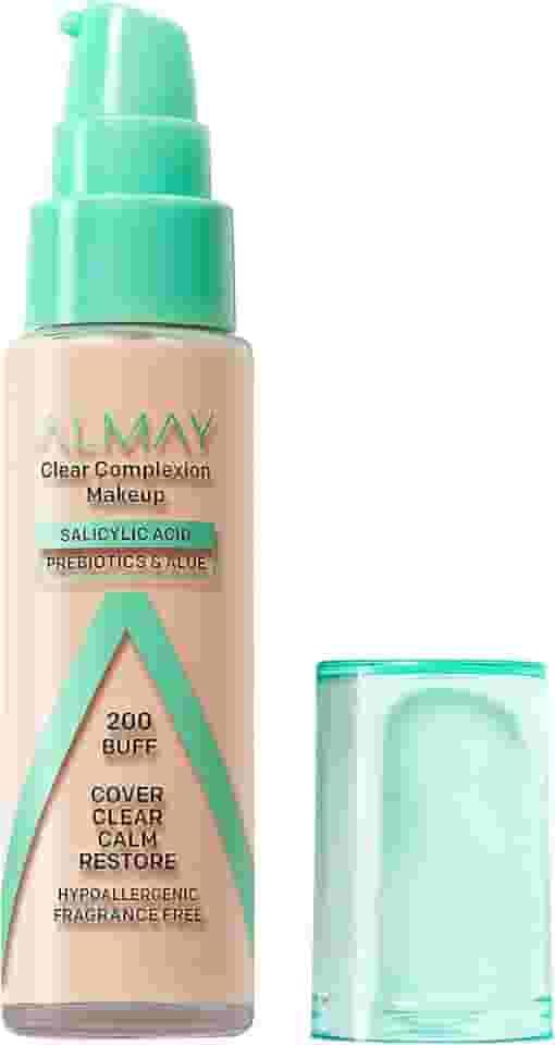 Almay Base De Maquiagem Clear Complexion Acne Com Ácido Salicílico, Cobertura Média, Acabamento Fosco Suave, Hipoalergênica, Sem Crueldade E Sem Fragrância, Testada Por Dermatologistas, 200 Buff, 1