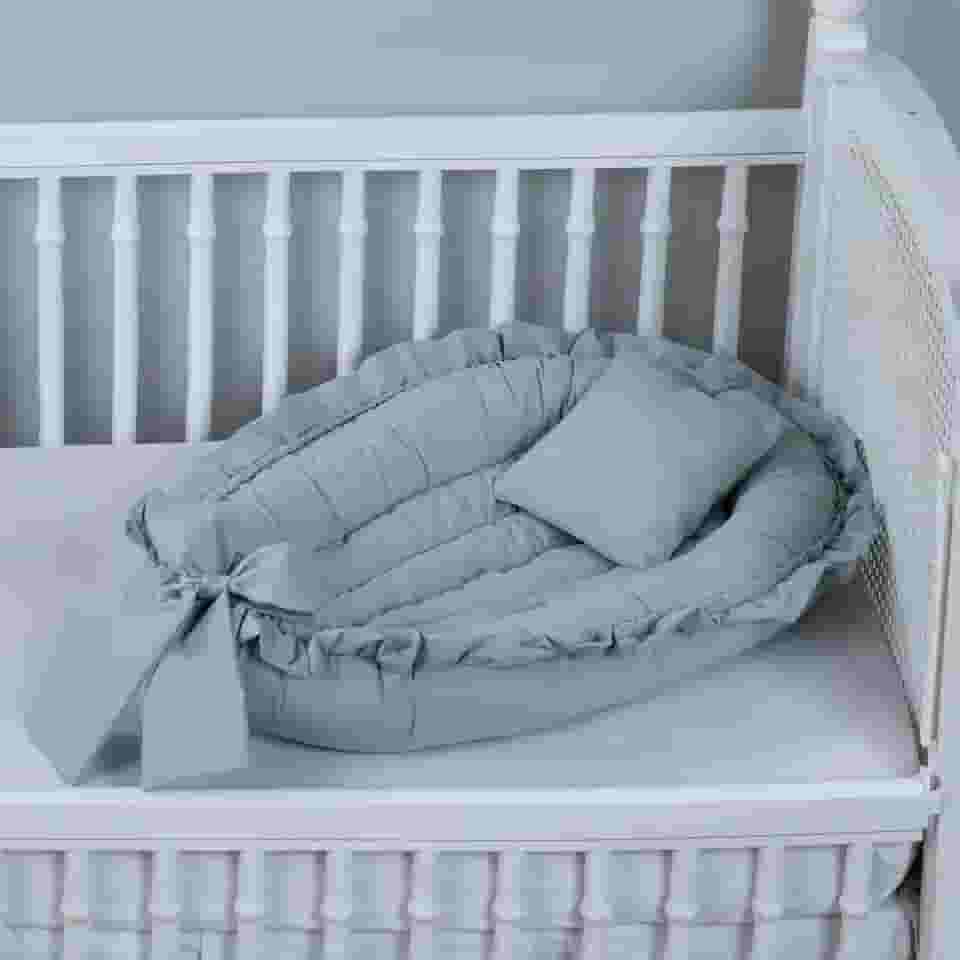 Ninho Redutor de Berço Babado Percal 200 Fios Algodão (Cinza, 1)