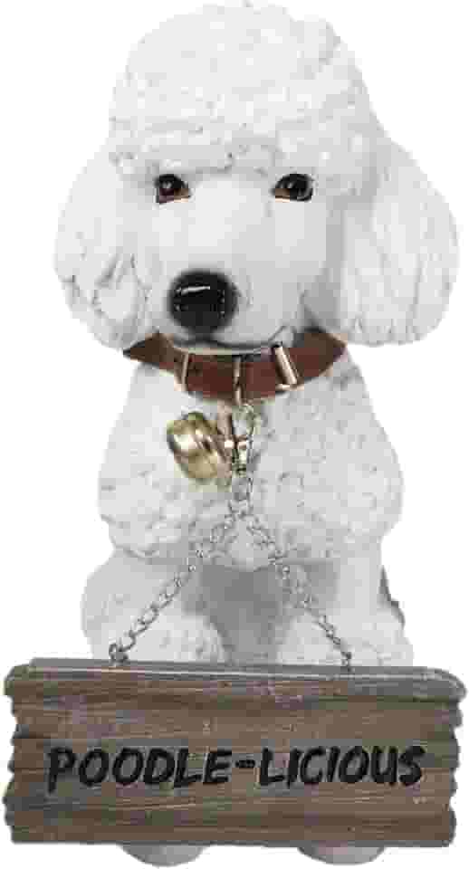 Ebros Estátua realista realista de cachorro poodle francês branco Fifi Welcome Greeter de 29,2 cm de altura com pedigree de raça de cães colecionáveis para decoração de pátio para casa com coleira