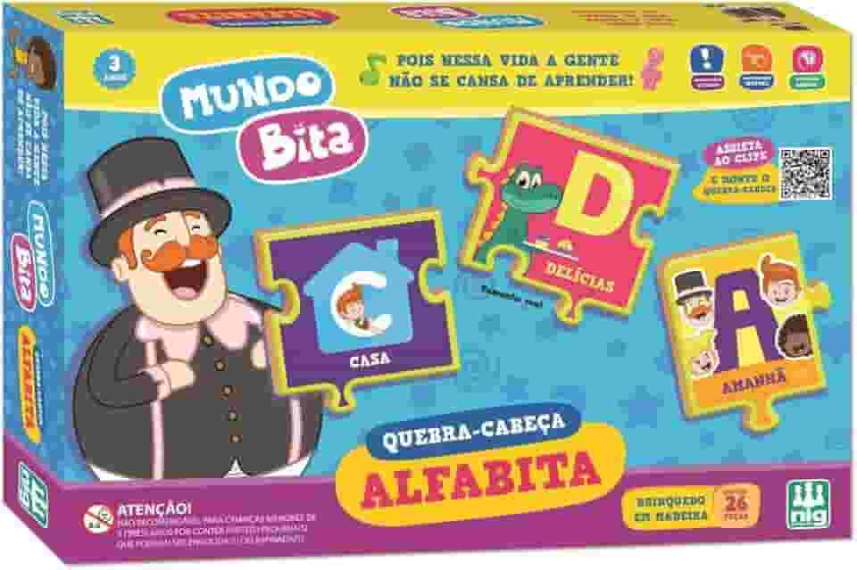 Brinquedo Educativo Alfabita Quebra-cabeça Mundo Bita de Madeira 26 Peças Alfabetização Coordenação Motora - Nig 0696
