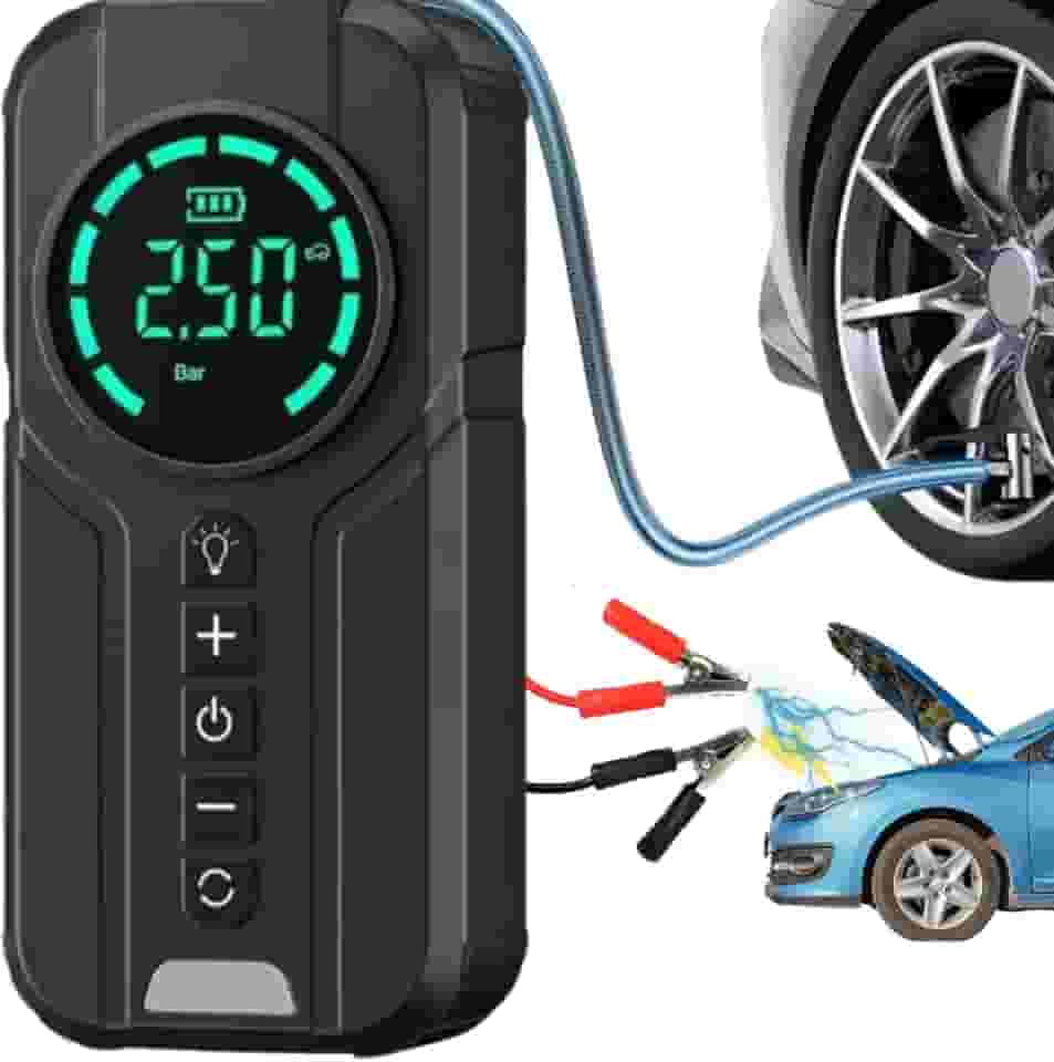 Carregador de Bateria Top Portátil 3 em 1 com Compressor de Ar para encher pneus, Luz de Emergência, Power Bank para Carro e Moto – Ideal para Viagens