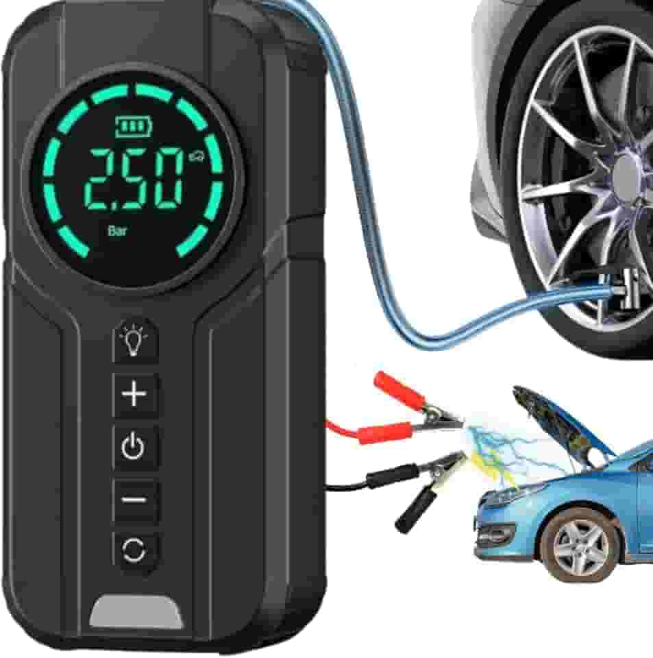 Carregador de Bateria Top Portátil 3 em 1 com Compressor de Ar para encher pneus, Luz de Emergência, Power Bank para Carro e Moto – Ideal para Viagens