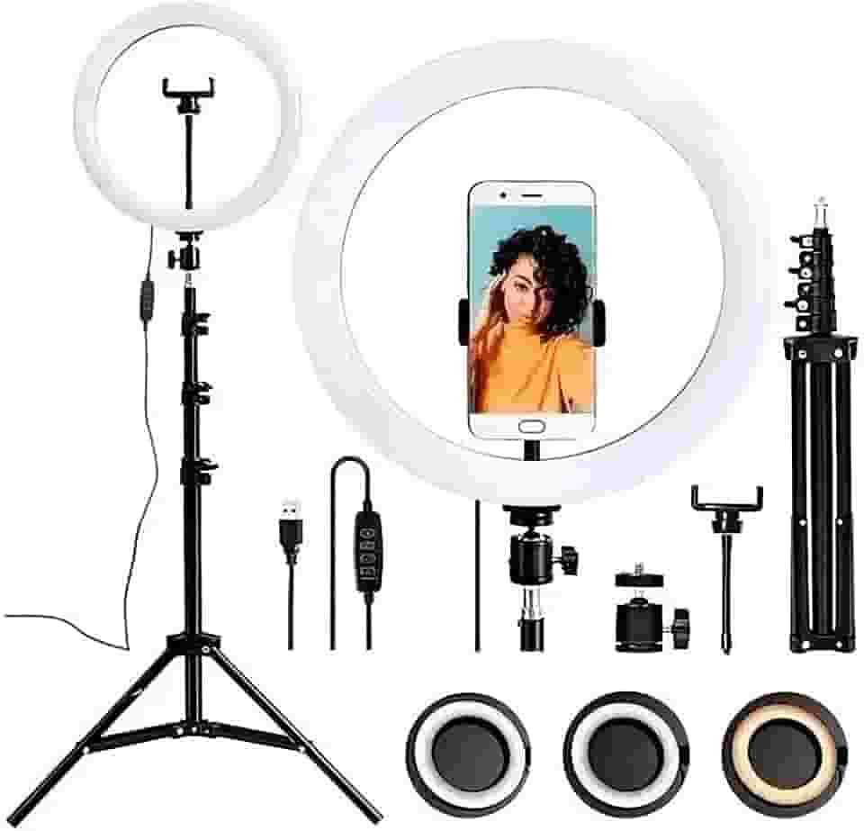 Ring Light 12 Polegadas com Tripé de 2,1m Suporte de Celular e Dimmer 3 Tons de Luz