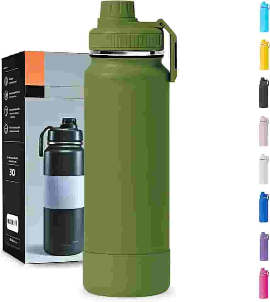 Garrafa Térmica 1000ML - Duplamente Isolada a Vácuo, Aço Inox 304, Capa Protetora da Base de Silicone, Mantém Bebidas Gelada 24 horas e Quente 12 horas (Verde Militar Slin)