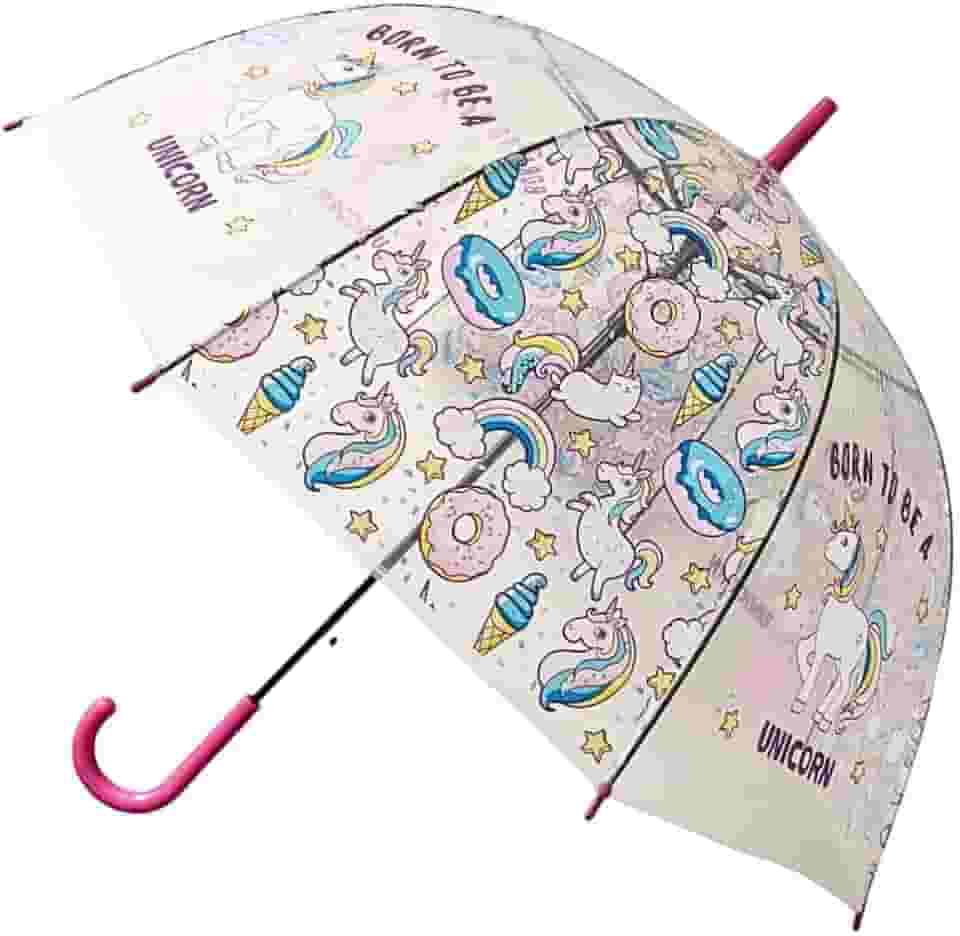 Guarda-Chuva Infantil Transparente com Estampa de Unicórnio Design Curvado Automático Cabo