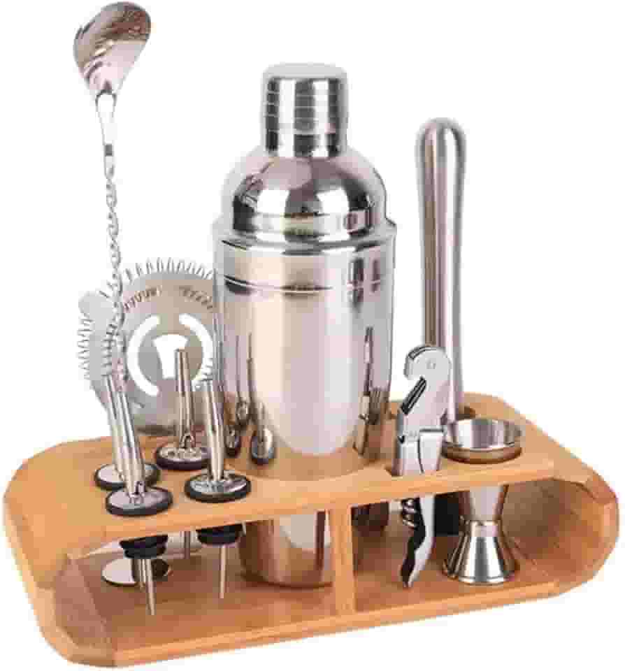 Kit Coqueteleira Bar Profissional Para Drinks Bebidas 550ml Inox Com 12 Peças Drinks Barman Caipirinha Bar Suporte de Madeira