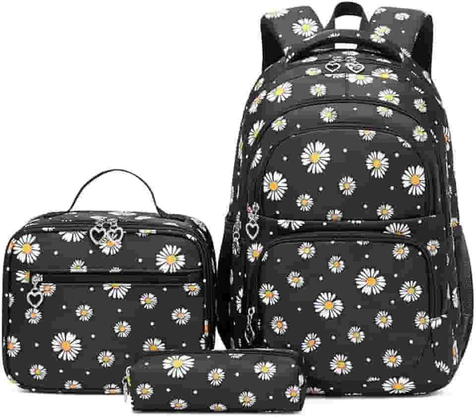 Conjunto de Mochila Escolar Feminina com Estampa de Margarida - 3 Peças com Bolsa de Almoço e Estojo de Lápis