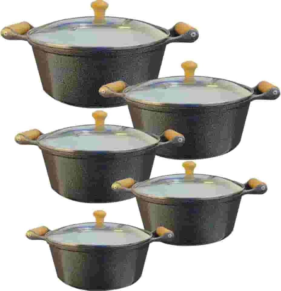Jogo De Panelas Cerâmica Atoxica Antiaderente em Aluminio Fundido Com Tampas em Vidro Temperado