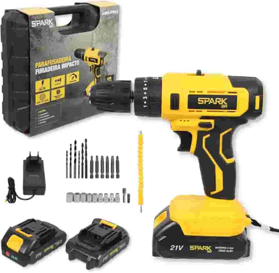 Parafusadeira Furadeira Impacto 21V Spark 2 Baterias 1500mAh Visor Digital LED Indicador de Carga 2 Velocidades Kit 29 Peças Torque 3500r/m Maleta