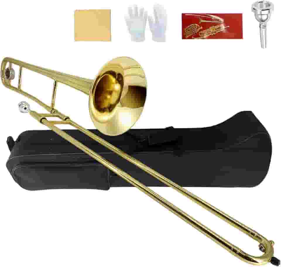 Trombone Bb Tenor Slide B Flat Gold Brass Plated Trombone para iniciantes e adultos com estojo de transporte de bocal, luvas brancas, pano de limpeza