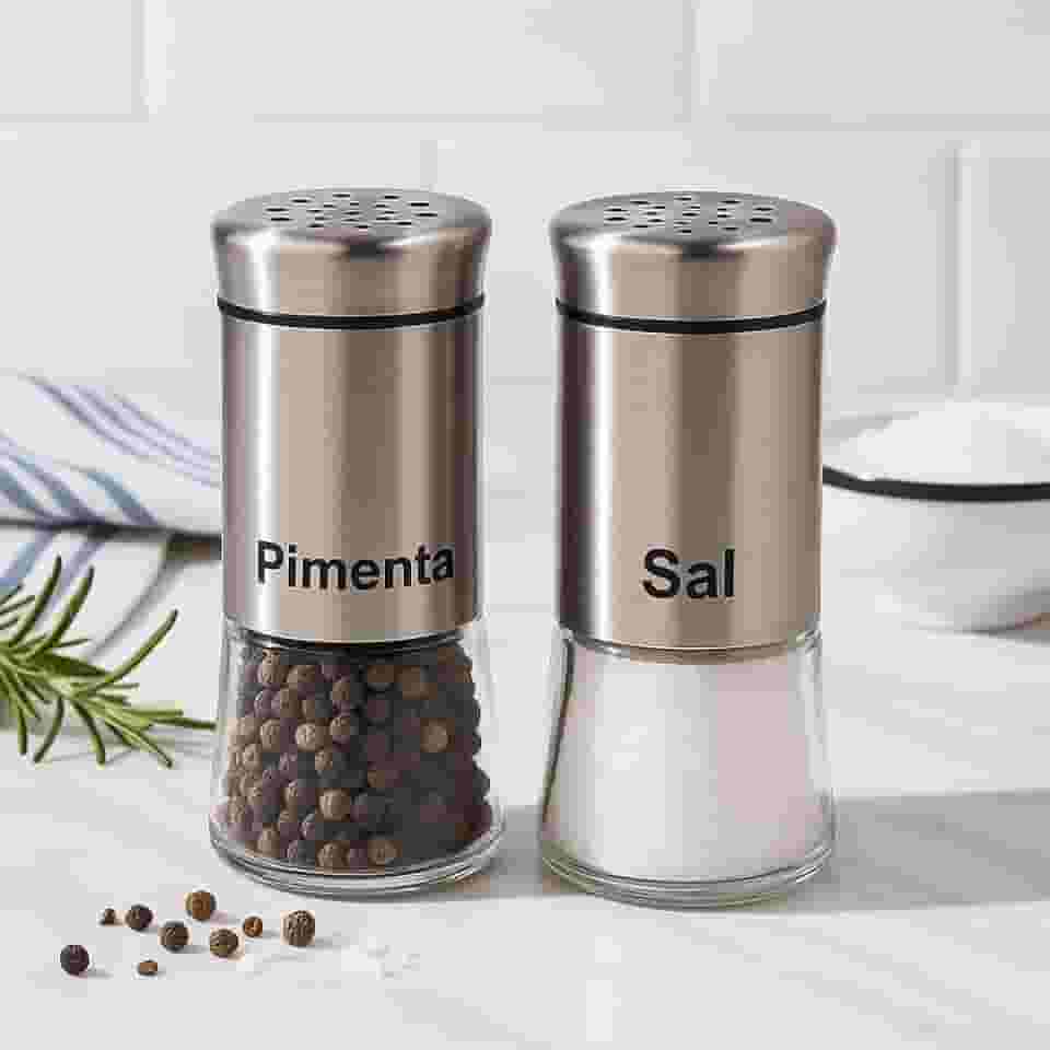 Kit Saleiro e Pimenteiro 2 Peças – Design Elegante em Vidro e Inox, Ideal para Sua Mesa!