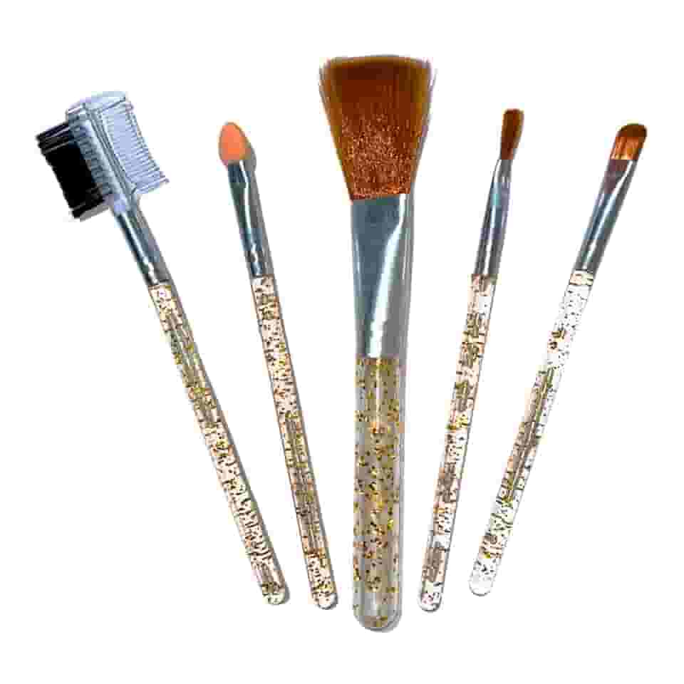 Kit Pincéis Para Maquiagem 5 Peças Para Sobrancelha, Esfumar, Passar Blush Cabo Com Glitter Pincel Sombra Corretivo Base Pó Cerdas Macias Cores Vermelho, Azul, Laranja, Dourado. (Dourado)
