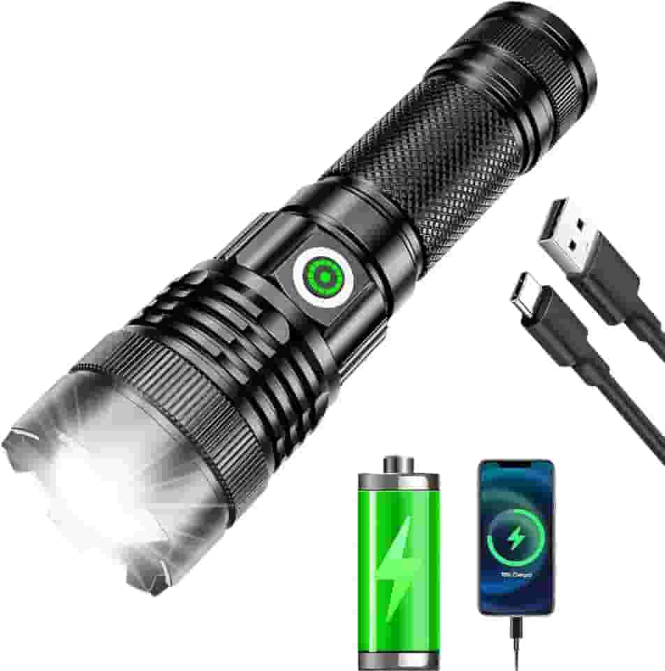 Lanterna Tática Recarregável USB-C 10000 Lúmens, Zoom Ajustável 1000m - IPX7 à Prova D'Água, Power Bank, Portátil e Potente p/Caça, Pesca, Emergências, Militar, Sobrevivência e Aventuras