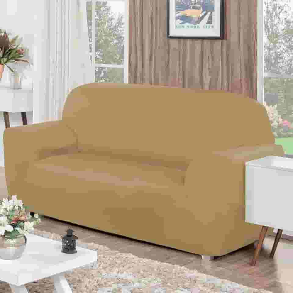 Capa de Sofá 3 Lugares com Elástico Agarradinha em Tecido Malha Gel Cores Alegres (Bege)