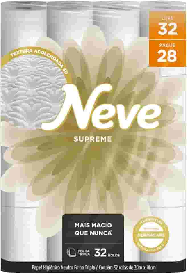 Neve Papel Higiênico Supreme Folha Tripla, 20m, Leve 32 Pague 28 Rolos